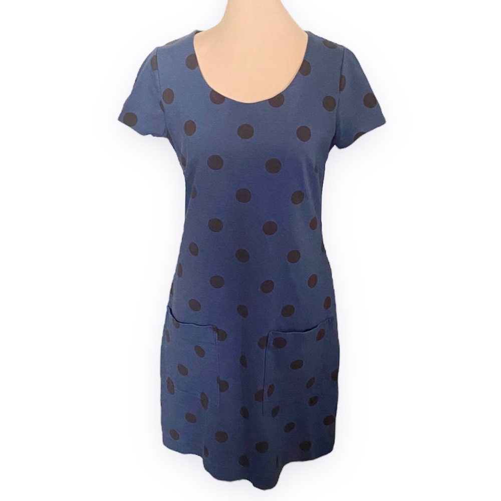 Boden Short Sleeve Blue Polka Dot Knit Shift Dress size women’s 6 - mod style